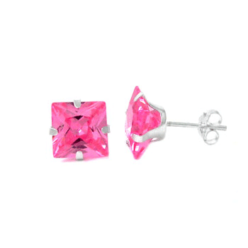 Sterling Silver Cubic Zirconia CZ Square Pink color Earrings